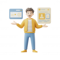 A cheerful person juggling digital interfaces representing technology and data. png