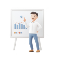 A cheerful presenter explaining data on a whiteboard with colorful graphs. png
