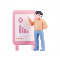 A cheerful presenter uses charts to share data in a modern office setting. png
