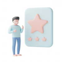 A cheerful person showcasing a rating card with stars, emphasizing feedback and reviews. png