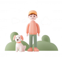 A cheerful young boy stands next to his playful dog in a serene outdoor setting. png