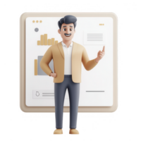 A cheerful young man presenting data insights with graphs and charts. png