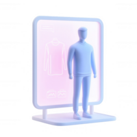 A digital avatar interacting with a virtual garment display in a modern setting. png