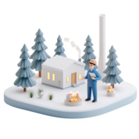 A cozy winter scene with a cabin surrounded by pine trees and a warm fire. png