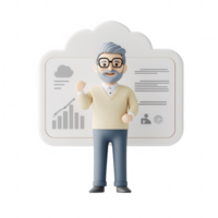 A friendly businessman presenting data with graphs and charts in a modern digital style. png