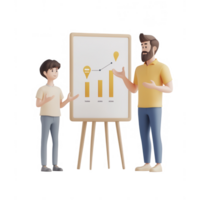 A father and son discussing growth statistics with a chart in a creative setting. png