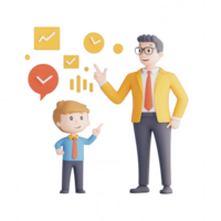A father and son discuss growth charts and ideas for the future in a playful manner. png