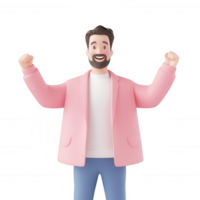 A joyful man celebrating success with raised hands in a modern, playful style. png