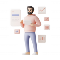 A man analyzing data on a tablet with graphical icons representing trends. png