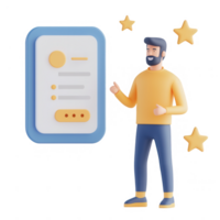 A man presenting a digital interface with stars, symbolizing user feedback and evaluation. png