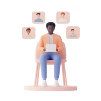 A man sitting on a chair using a laptop while interacting with virtual avatars. png