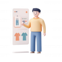 A modern character interacting with a digital fashion display interface. png
