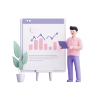 A person analyzing data trends on a digital tablet beside a presentation board. png