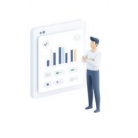 A professional analyzing data through a digital dashboard with bar graphs. png
