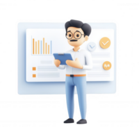 A professional character analyzing data with charts and graphs in a modern setting. png