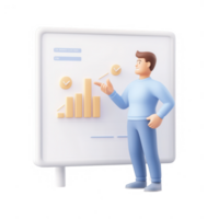 A professional man presenting data analytics on a modern graphic display. png