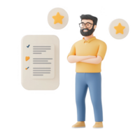 A professional man evaluating a checklist with stars indicating quality assessment. png