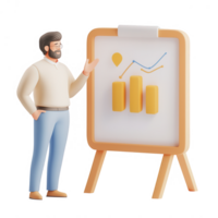 A professional man presenting a graph on a flip chart in a modern office. png
