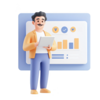 A professional man analyzing data with digital charts on a tablet device. png
