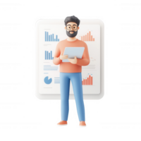 A professional man analyzing data with charts and graphs on digital devices. png