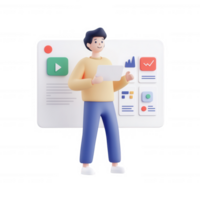 A young man presenting engaging data and graphics in a modern workspace. png