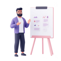 Professional man presenting data on a flip chart in a modern office setting. png