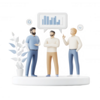 Three men discussing data analytics and strategy with charts in a modern office setting. png