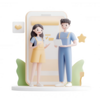 Two animated characters interacting with a smartphone in a cheerful setting. png