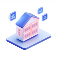 Stylized digital house with icons representing design, technology, and analysis. png