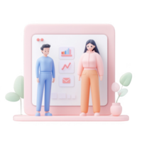 Two characters collaborating on a digital project with presentations and data visuals. png