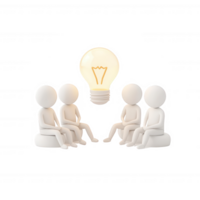Team collaboration and brainstorming represented by three figures around a light bulb. png