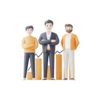 Three business men standing confidently beside growth charts and statistics. png
