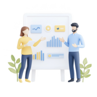 Two professionals discussing data insights and trends visually represented on a board. png