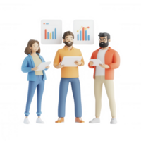 Three professionals discussing data insights with charts and reports in hand. png