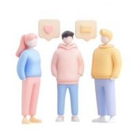 Three stylized characters engaged in conversation with speech bubbles. png