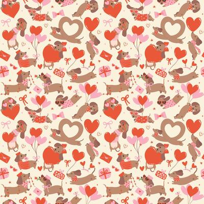 Retro Valentine Dachshund Pattern Seamless Cute Groovy dog Cartoon Wallpaper isolated on background