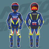 motorsport racing suit uniform body protection for motor in colorful hue with helmet front and back viewcycle vector