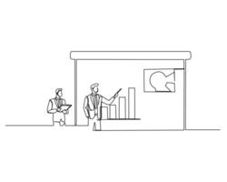 continuous line drawing of business people in front of a board with graphs vector