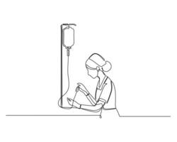A healthcare professional adjusting an intravenous drip Highlights a common medical procedure, emphasizing the importance of patient care. continuous line drawing illustration vector