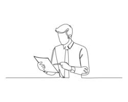businessman in a long sleeved shirt and tie, sitting at a table, reviewing a document with a pen in hand. Focus and professionalism concept line drawing vector