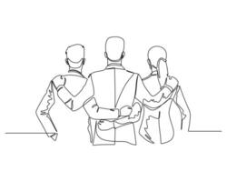 Three business person standing side by side with their arms around each other's shoulders, viewed from behind. A continuous line drawing of business and finance illustration vector