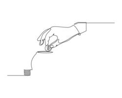 placing a coin into a jar bank. The coin has a dollar sign, symbolizing saving money and financial investment. A continuous line drawing of business concept vector