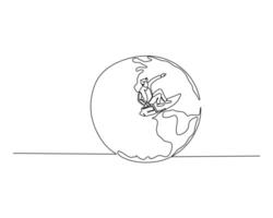 A continuous line drawing of a person surfing on top of a large globe, representing global adventure and exploration, with continents visible to emphasize the theme. vector