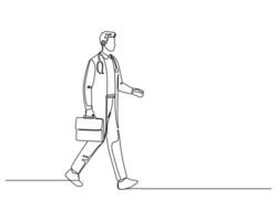 a doctor walking with a briefcase, wearing a stethoscope and lab coat Captures movement and professionalism in a clean, minimalist line hand drawn style. continuous line drawing design for health care vector