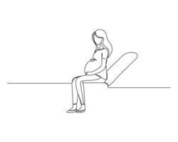A minimalist line drawing of a pregnant person seated on a bench, hand resting on the belly, capturing a moment of calm and anticipation vector