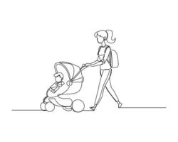 a young woman pushing a stroller with a child, walking with a backpack Captures a simple, everyday scene in a clean, artistic style. Simple continuous line drawing vector