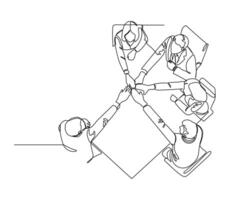 five business people sitting around a table, viewed from above, placing their hands together in the center, symbolizing unity and teamwork. Continuous line drawing illustration in business vector