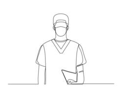 a medical professional wearing a V-neck scrub top, holding a clipboard. The drawing focuses on the outline of the figure and the clothing details, capturing a healthcare illlustration vector
