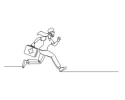 a doctor in medical uniform and face mask, running with a first aid kit Represents urgency and readiness in medical emergencies. Continuous line drawing design for health care illustration vector
