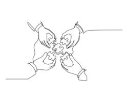 Four hands holding and connecting puzzle pieces, symbolizing teamwork, collaboration, and problem-solving. Ideal for business and strategy themes Continuous line drawing. vector